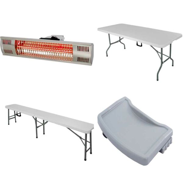 Chairs, tables & radiant heaters