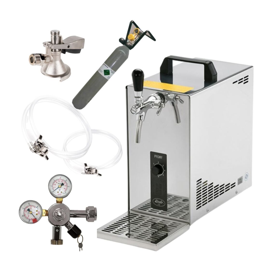 Product Image for Zapfanlage Edelstahl 35 L/h von Lindr Komplettset mit CO², Uhr, Schläuchen und Keg Flachkeg(A) 500g
