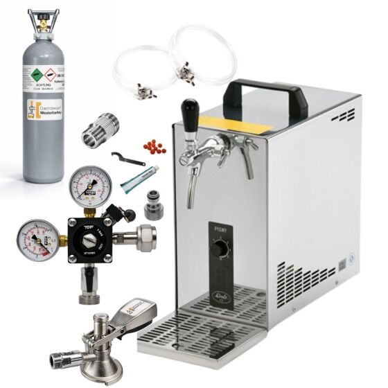 Stainless steel dispensing system 30 L / h from Lindr Complete set with CO², clock, hoses and keg flat keg (A) 2kg + cleaning set