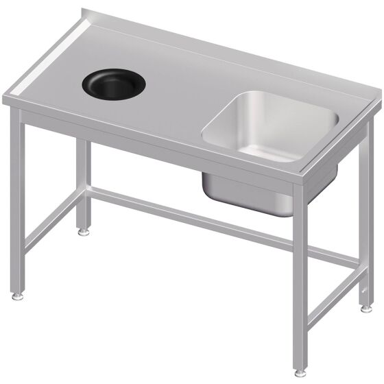 Splint table without base floor with waste hole 1700x700x850 mm with a basin on the right with edge welded on the right