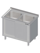 Drawer cabinet with sliding doors 1500x700x850 mm with two basins on the right with edge welded on the right