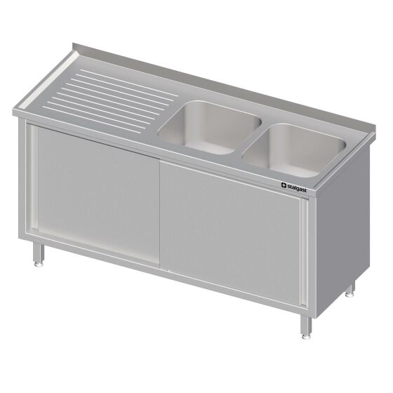 Drawer cabinet with sliding doors 1700x600x850 mm with two basins on the right with edge welded on the right
