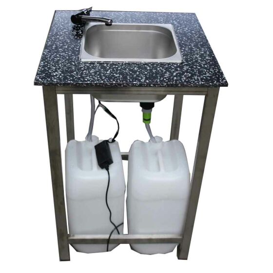 Sink stand made of stainless steel / PE for use without a fixed water connection with mixer tap