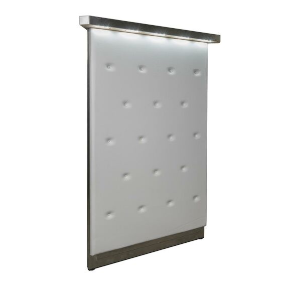 Corner part for long drink counter with stainless steel surfaces for exchangeable front HPL, leather or LED