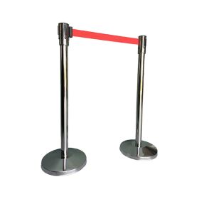 Barrier post with belt of various designs, barrier length...
