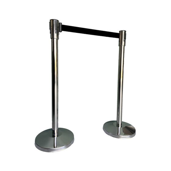 Barrier post chrome stainless steel with black belt, barrier length 180 cm, base Ø 32cm, post Ø 5cm, height 99 cm, 8 kg, PU: 2 pieces