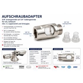 Aufschraubadapter für Kegverschlüsse von 5/8" auf 3/4" inkl. 2 x Lippenventil und Schauglas