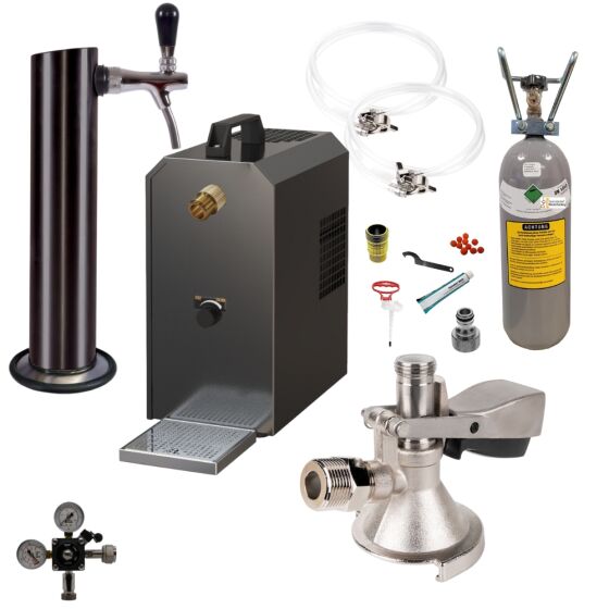 Untertheke Zapfanlage 35l mit Edelstahl Schwarzer Schanksäule, Kompensatorschankhahn, CO², Uhr, Schläuchen und Keg