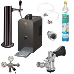 Untertheke Zapfanlage 35l mit Edelstahl Schwarzer Schanksäule, Kompensatorschankhahn, CO², Uhr, Schläuchen und Keg