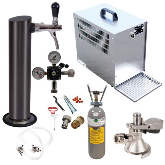 Untertheken - Zapfanlage 60l mit Schwarzer Schanksäule, Kompensatorschankhahn, CO2, Uhr, Schläuchen und Keg
