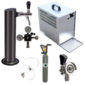 Untertheken - Zapfanlage 60l mit Schwarzer Schanksäule, Kompensatorschankhahn, CO2, Uhr, Schläuchen und Keg