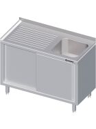 Stalgast Edelstahl Spülschrank mit Schiebetüren 1100x600x850 mm, mit einem Becken rechts, mit Aufkantung, verschweißt