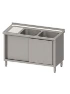 Stalgast Edelstahl Spülschrank mit Schiebetüren 1100x600x850 mm, mit zwei Becken links, mit Aufkantung, verschweißt