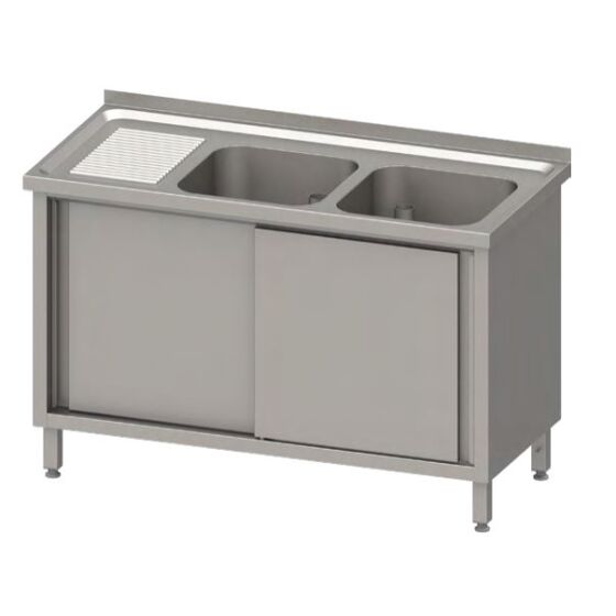 Stalgast Edelstahl Spülschrank mit Schiebetüren 1100x600x850 mm, mit zwei Becken rechts, mit Aufkantung, verschweißt