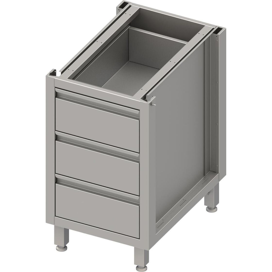 Product Image for Stalgast Edelstahl Schubladenunterschrank Boxversion 2.0, für Beine/Sockelrahmen, drei Schubladen 450x640x660 mm