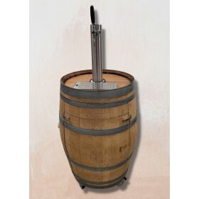 Beer dispenser on wheels installed in an original old solid oak wine barrel
