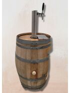 Beer dispenser on wheels installed in an original old solid oak wine barrel