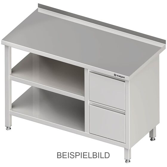 Stalgast Edelstahl Arbeitstisch mit Grund- und Zwischenboden, 850 mm, mit 2er Schubladenblock rechts, ohne Aufkantung, verschweißt