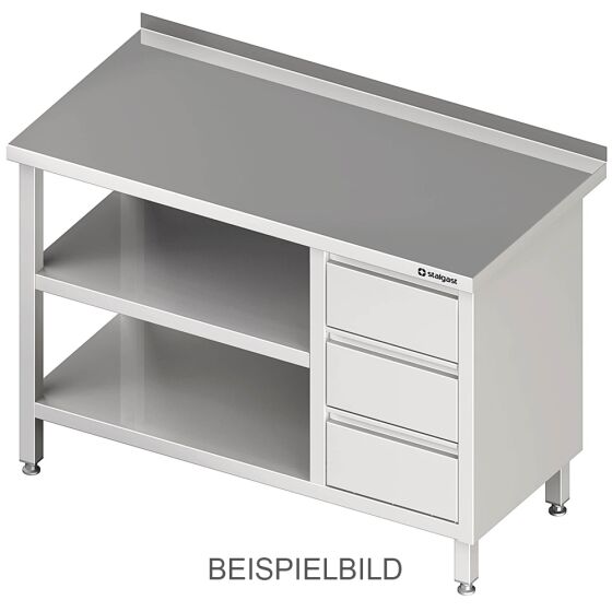 Stalgast Edelstahl Arbeitstisch mit Grund- und Zwischenboden, 2800x700x850 mm, mit 3er Schubladenblock rechts, ohne Aufkantung, verschweißt