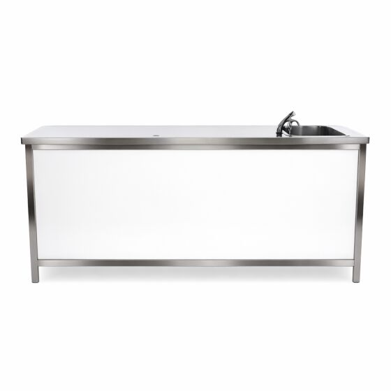 GDW Klapptheke aus Edelstahl mit Dibond Fronten (weiß) 2000x600x900mm und Edelstahlabdeckung (CNS) mit Wulstrand, Ledergenarbt,  mit Spülbecken & Kaltwasserhahn