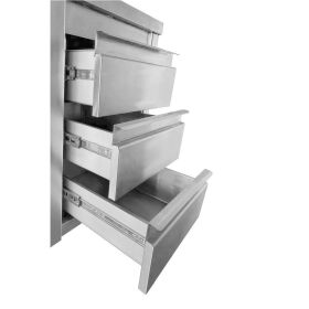 Arbeitsschrank mit Schiebetüren und Schubladenblock links, Edelstahl - 1600 x 700 x 850