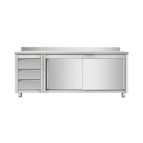 Work cabinet with sliding doors and drawer unit left, with upstand, 1600 x 700