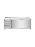 Work cabinet with sliding doors and drawer unit left, with upstand, 1600 x 700