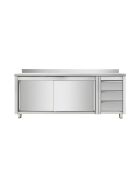 Work cabinet with sliding doors and drawer unit on the right, with upstand, 1600 x 700