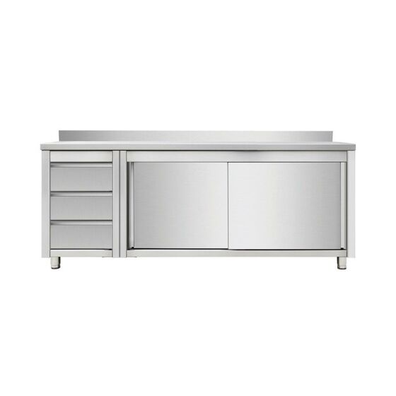 Work cabinet with sliding doors and drawer unit left, with upstand, 2000 x 700