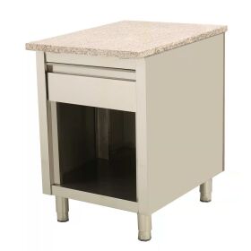 Stainless steel cash desk, pink-grey granite, with wooden...
