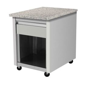 Stainless steel cash desk, pink-grey granite, with wooden cladding, 80 x 82