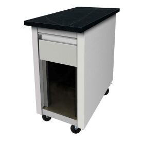 Stainless steel cash desk, Star Galaxy black granite, with wooden cladding, 80 x 82