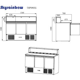 Pizza saladette 3 doors, square glass top, 137 x 70