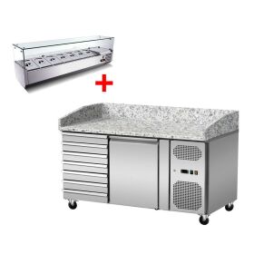 Pizza cooling table, pink-grey granite, 1 door, 7 uncorked drawers, 151 x 80 GN1/4 cooling top with glass