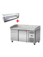 Pizza cooling table, pink-grey granite, 1 door, 7 uncorked drawers, 151 x 80 GN1/3 cooling top with glass