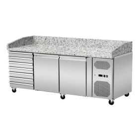 Pizza cooling table, pink-grey granite, 2 doors 7 uncorked drawers, 203 x 80 GN1/4 cooling top with glass