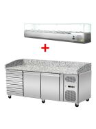 Pizza cooling table, pink-grey granite, 2 doors 7 uncorked drawers, 203 x 80 GN1/4 cooling top with glass