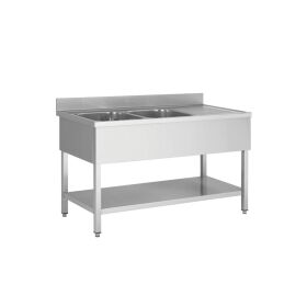 Stainless steel sink unit, two bowls left, 140 x 60