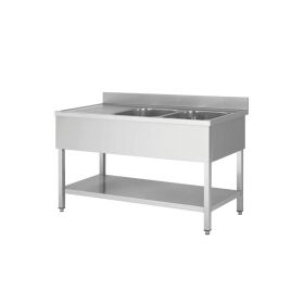 Stainless steel sink unit, two bowls right, 140 x 60