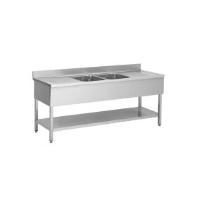 Stainless steel sink unit, two basins, center, 200 x 70