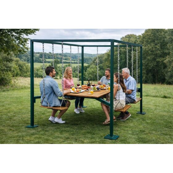 Rocking table for 6 people with oak wood and powder-coated steel frame in your choice of RAL color