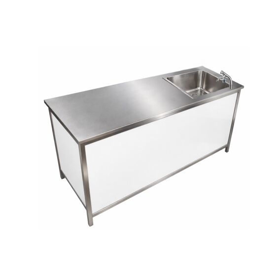 Ausgabetheke mit Edelstahloberfläche (glatt), 200x600x900mm, Edelstahlunterfütterung Weiß Sonderatikel mit Spülbecken und Kaltwasserhahn