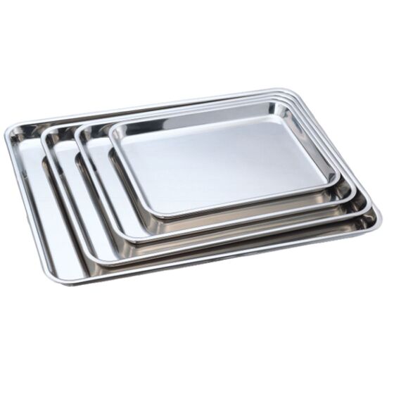 Stainless steel display tray, 46 x 32 x 2.5 cm (WxDxH)