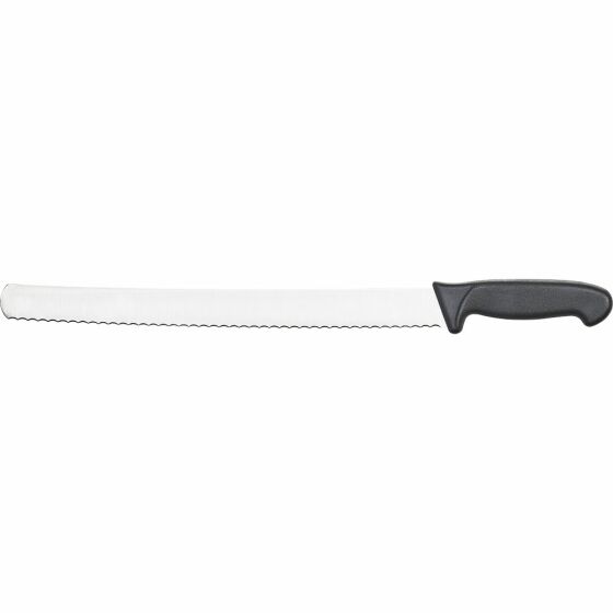Confectioners knife with serrated edge, black handle, blade length 36 cm