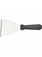Stainless steel spatula, black plastic handle, blade width 12 cm, length 24 cm
