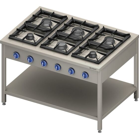 900 series gas stove - 6 burners (3.5 + 3x5 + 2x7), 32.5 kW, G20, 1300 x 900 x 850 mm (WxDxH)