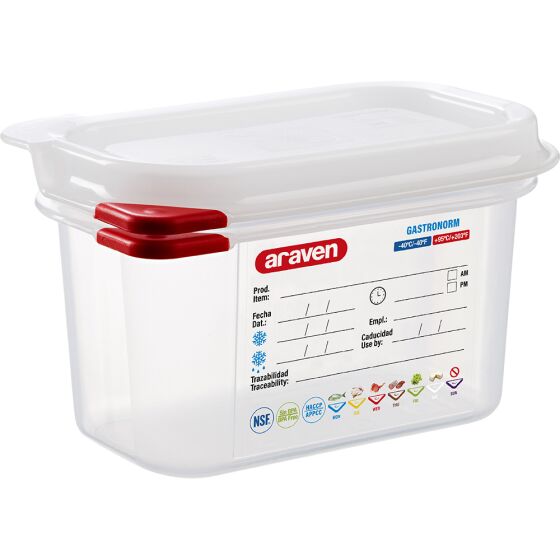 ARAVEN gastronorm container with lid, polypropylene, GN 1/9 (100 mm)