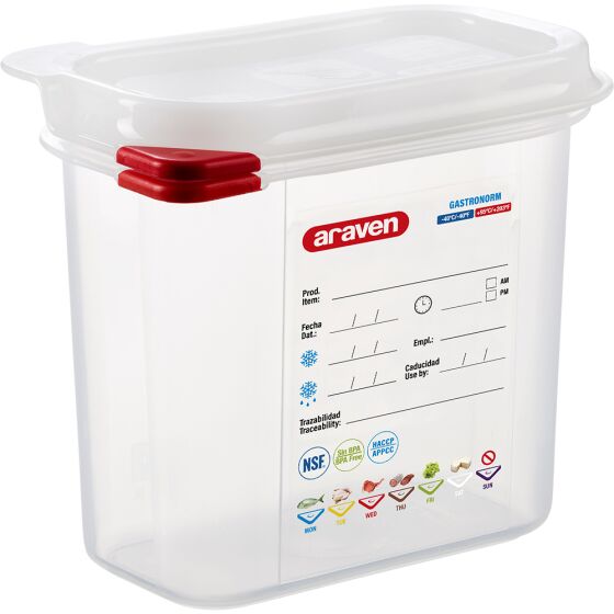 ARAVEN gastronorm container with lid, polypropylene, GN 1/9 (150 mm)