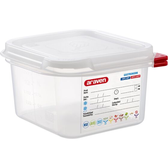 ARAVEN gastronorm container with lid, polypropylene, GN 1/6 (100 mm)