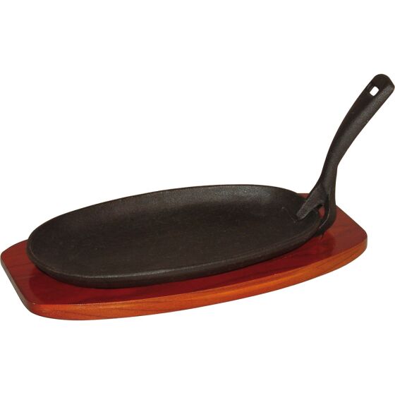 Cast iron serving pan with wooden coaster, dimensions 24 x 14 cm